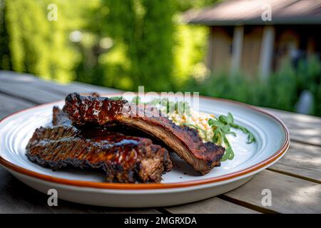 A closeup shot of grilled beef meat served on a plate on a table outdoors Stock Photo