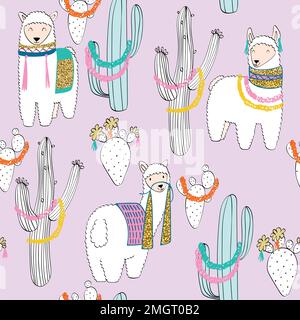 hand drawn vector seamless pattern with llamas Stock Vector