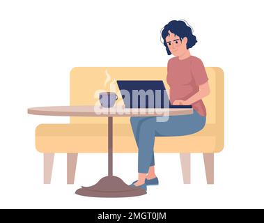 Disheveled woman typing on laptop from cafe seating semi flat color vector character Stock Vector