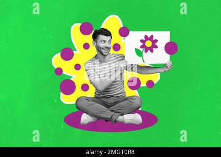 Creative photo 3d collage artwork poster postcard image of happy man demonstrates gerbera daisy picture isolated on painting background Stock Photo