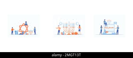 Happy Hanukkah. Traditional jewish holiday with tiny people and symbols - menorah candles, dreidels spinning top, star David. Modern flat cartoon styl Stock Vector