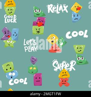 Cute seamless pattern with emoji and abstract geometric shapes in memphis style. Trendy vector background in white, blue, yellow and red colors. Stock Vector