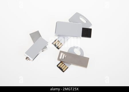 silver USB flash drives Template for advertising and corporate identity isolated on white background Stock Photo