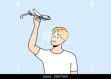 Young man have fun playing with airplane model. Smiling guy flying with plane miniature. Aviation and hobby. Vector illustration.  Stock Vector