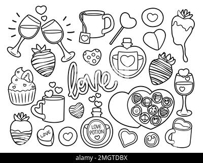 Collection of cute simple Valentine's Day related food, sweets and drinks. Black and white vector illustrations for coloring. Stock Vector