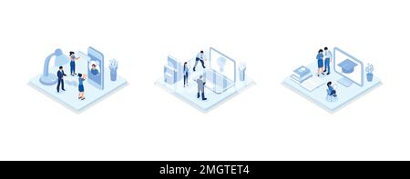 Characters educating online with laptop, smartphone and improving their skills. Self learning, online education and personal growth concept, set isome Stock Vector