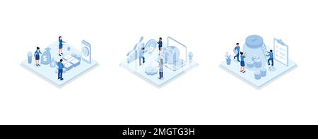 Characters saving money and analyzing financial report. People managing personal finance. Money savings and deposit growth concept, set isometric vect Stock Vector