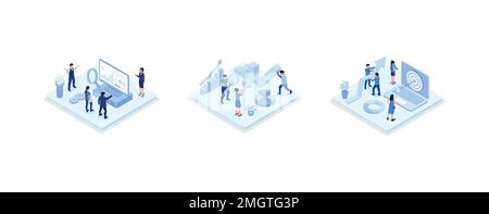 Characters discussing marketing and seo strategy. People analyzing market trends and planning seo optimization. Seo targeting and performance concept, Stock Vector