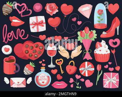 Collection of cute simple Valentine's Day related items and objects. Colorful vector illustrations with basic shading. Stock Vector