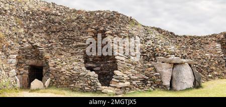 Cairn de Barnenez is a Neolithic stone mound near Plouezoc'h in Brittany Stock Photo