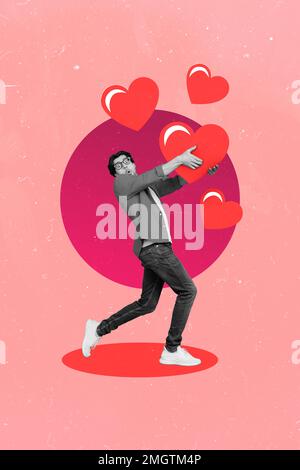 Photo artwork minimal collage picture of funny funky guy holding carrying red hearts isolated drawing background Stock Photo