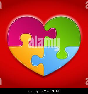 Abstract heart made of puzzle pieces on red background, vector eps10 illustration Stock Vector