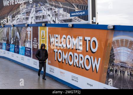 Promotional hoardings surround the construction site as work continues on the HS2 mainline station at Curzon Street on 25th January 2023 in Birmingham, United Kingdom. The Curzon Street Masterplan covers a 141 hectare area of regeneration, focussed on HS2 Curzon Street station in Birmingham city centre, combined with approximately 700 million in investment into the surrounding area including new homes and commercial developments. High Speed 2 is a partly planned high speed railway in the United Kingdom with its first phase in the early stages of construction, the second phase is yet to receive Stock Photo