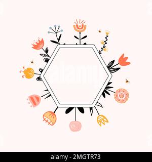 Stylish Hexagon Frame with cute honey flowers and bees. Premium quality ...