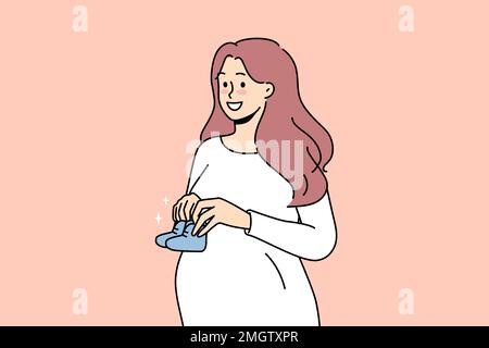 Smiling young pregnant woman holding baby shoes in hands excited about motherhood. Happy future mother awaiting parenthood. Pregnancy. Vector illustration.  Stock Vector