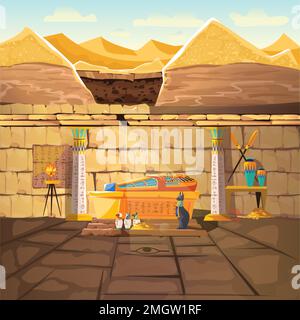 Ancient Egypt pharaoh lost tomb, underground cartoon vector illustration. Archeological excavations, treasures hunting concept. Desert, dug sand and sunbeam in crypt with sarcophagus and gold coins Stock Vector