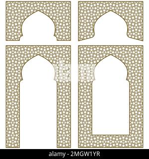 Arches, frames and additional design elements. Arabic geometric ornament.Brown color. Stock Vector