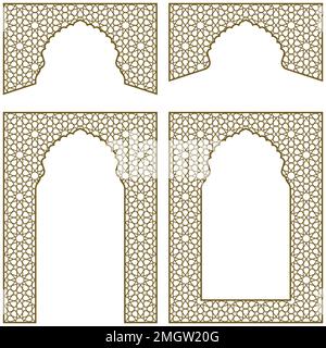 Arches, frames and additional design elements. Arabic geometric ornament.Brown color.Wide option Stock Vector