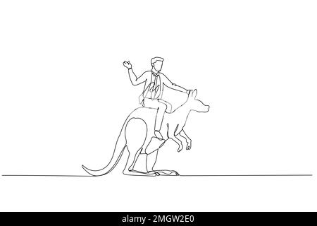 Drawing of businessman riding kangaroo with suicase metaphor of manager with courage and brave. Single continuous line art Stock Vector