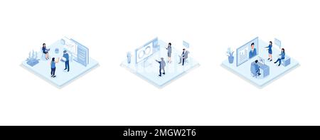 Technical support teams working together to build an engineering system. Software development and it operations concept, set isometric vector illustra Stock Vector