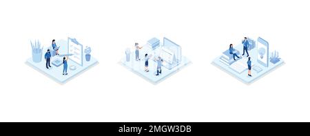 Characters writing notes and putting stickers on calendar, filling to do list and creative diary. Daily planning concept, set isometric vector illustr Stock Vector