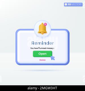 Reminder Notifications page banner icon symbols. advertising, Business planning, events, reminder letter online email concept. 3D vector isolated illu Stock Vector