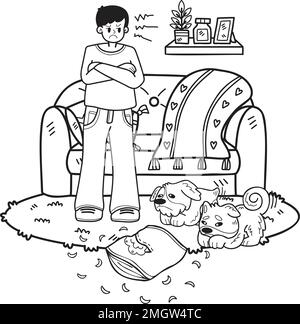 Hand Drawn owner is angry dog messed up the room illustration in doodle style isolated on background Stock Vector