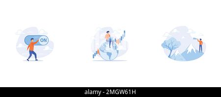 Turn on switch, Global stock market, finding way to success or discover new job or career, set flat vector modern illustration Stock Vector