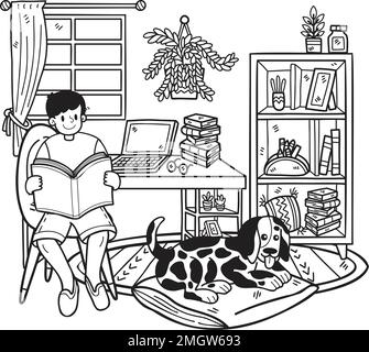 Hand Drawn owner reads a book with the dog in the room illustration in doodle style isolated on background Stock Vector