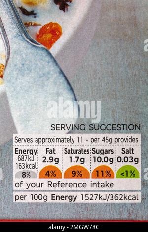 Nutritional information traffic lights system labelling colour coded label information on box of M&S fruit muesli Stock Photo