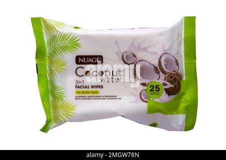 Nuage Coconut Water 3 in 1 facial wipes for all skin types cleanses moisturises & refreshes with coconut water and coconut oil isolated on white Stock Photo