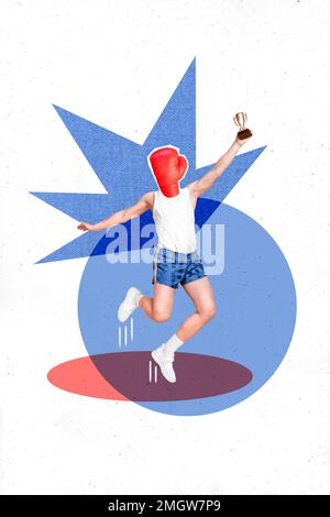 Creative photo 3d collage artwork poster postcard of happy funky guy rejoice win competition isolated on painting background Stock Photo
