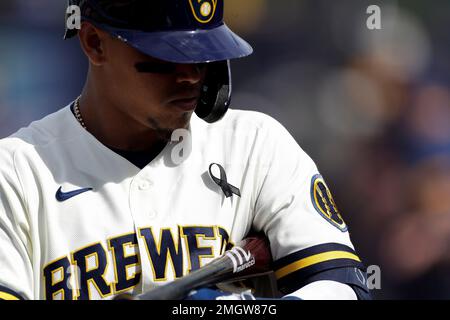 Milwaukee Brewers' Orlando Arcia wears a mask as he talks to Ronny  Rodriguez before an intrasquad game Tuesday, July 14, 2020, at Miller Park  in Milwaukee. (AP Photo/Morry Gash Stock Photo - Alamy