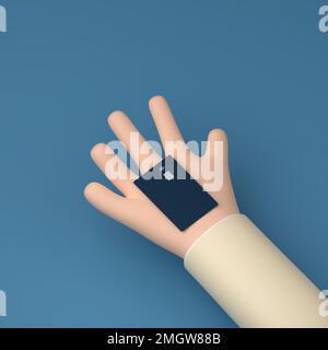 Giving cartoon hand with a credit card. Debit card with NFC chip on a cartoon palm over blue background, 3d render, 3d illustration Stock Photo