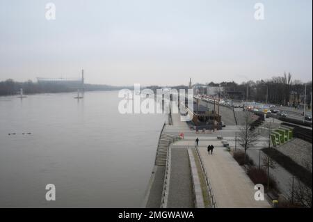 Warsaw, Poland. 25th Jan, 2023. The PGE National Stadium is seen in the distance along the Vistula river in Warsaw, Poland on 26 January, 2022. More than 500 ideas have been submitted by citizens for the yearly participatory budget of the city of Warsaw. Every year since 2015 citizens are offered the opportunity to hand in proposals for projects as long as they are supported by at least 20 other inhabitants. (Photo by Jaap Arriens/Sipa USA) Credit: Sipa USA/Alamy Live News Stock Photo