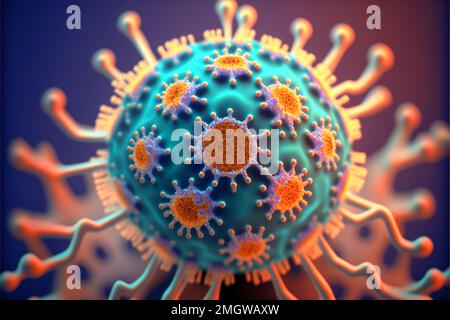 A close-up of a colorful round virus with legs around its perimeter, giving it a distinct and unusual appearance Stock Photo