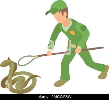 King cobra icon isometric vector. Young man in green uniform near big cobra icon. Reptile capture, herpetology Stock Vector