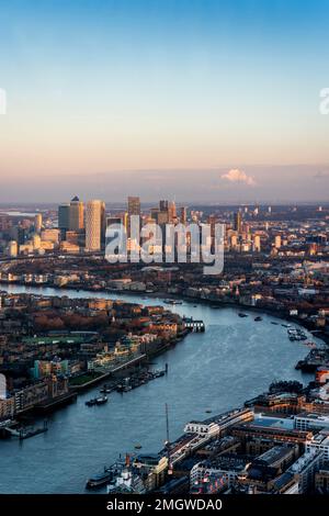 A View Of The River Thames and Canary Wharf at Sunset from The Shard, London, UK. Stock Photo