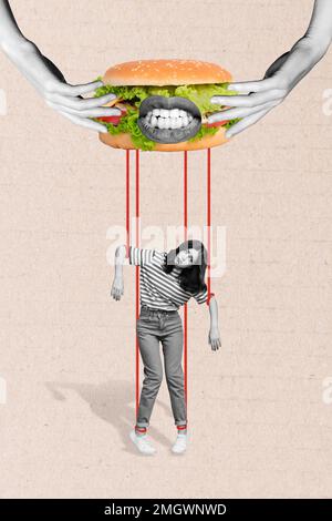 Photo sketch graphics collage artwork picture of unhappy upset lady having junk food addiction isolated drawing background Stock Photo