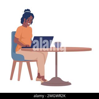 Woman working on laptop and drinking coffee semi flat color vector character Stock Vector