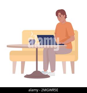 Man working remotely on laptop from coffeehouse semi flat color vector character Stock Vector