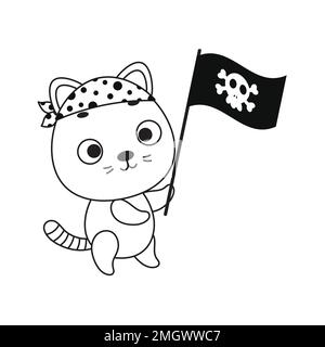 Coloring page cute little cat with pirate flag. Coloring book for kids. Educational activity for preschool years kids and toddlers with cute animal Stock Vector