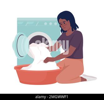 Woman washing clothes in washing machine semi flat color vector character Stock Vector