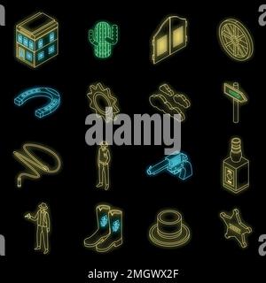 Cowboy icons set. Isometric set of cowboy vector icons neon color on black Stock Vector