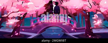 Love couple silhouettes on illuminated bridge in night urban park with blooming sakura trees. Man and woman on romantic date, admiring pink cherry blossom in city garden. Valentine Day banner design Stock Vector