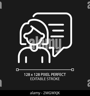 Talking woman with speech bubble pixel perfect white linear icon for dark theme Stock Vector
