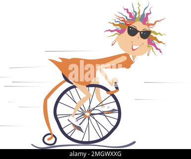 Cycling young woman illustration.  Young woman in sunglasses rides on a vintage bike. Isolated on white background Stock Vector