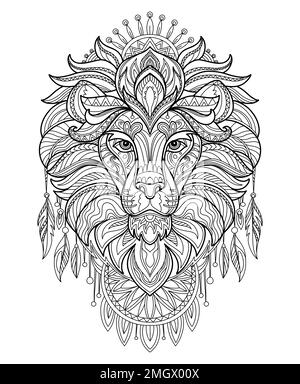 Stylized head of lion close up. Hand drawn sketch black contour vector illustration. For adult antistress coloring page, print, design, decor, T-shirt Stock Vector