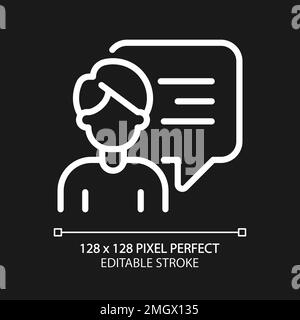 Talking man with chat bubble pixel perfect white linear icon for dark theme Stock Vector