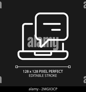 Laptop with speech bubble pixel perfect white linear icon for dark theme Stock Vector